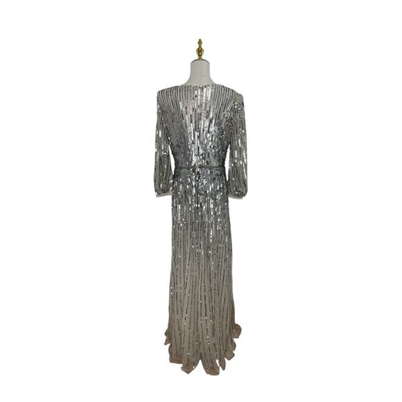Mac Duggal 5509 Silver/Beige Sequins 3/4 Sleeve Gown Size 8 $598 - Picture 7 of 8